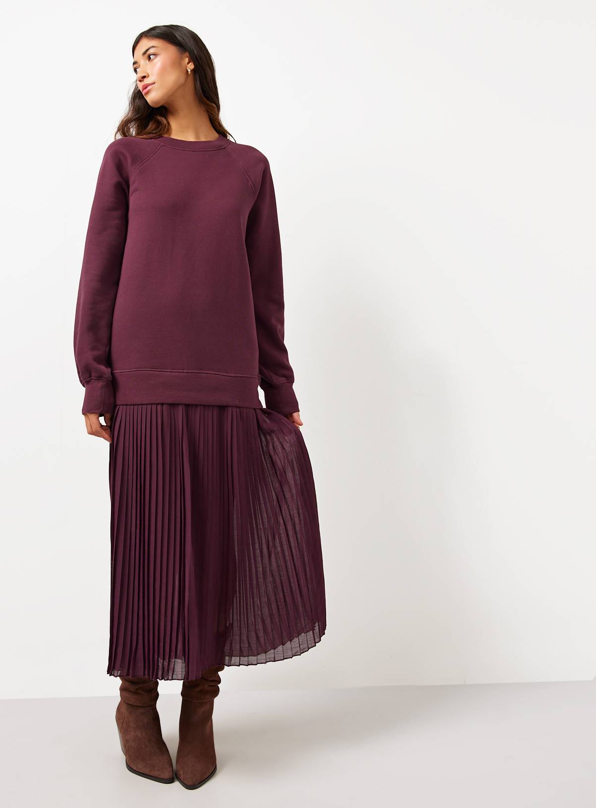 Burgundy Sweatshirt Combined Plisse Midaxi Dress 6 - Image 1